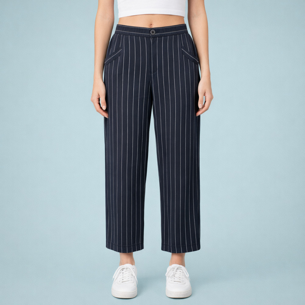 Eileen Fisher Size Small S Navy Blue Pinstripe Stripe Print Straight Leg Pants - Picture 1 of 7